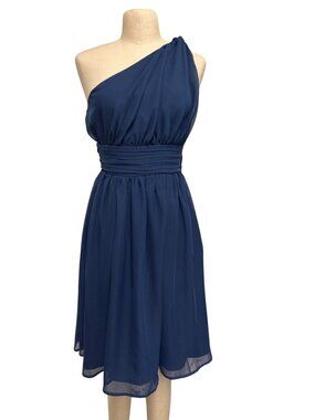 Tevolio Navy Blue One-Shoulder Midi Dress Size 8 Pleated Waist Chiffon Flowy Ski